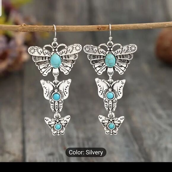 Vintage style turquoise butterfly earrings - Picture 5 of 10